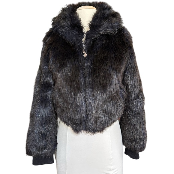 Baby Phat Black Faux Fur Bomber Style Zipper Pockets Y2K Jacket Small - Picture 1 of 15